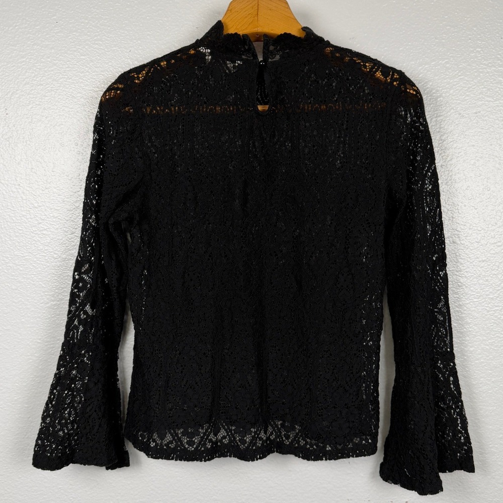 Adiva Womens L Black Lace Top Bell Sleeve High Neck Romantic Goth Blouse - Picture 6 of 14